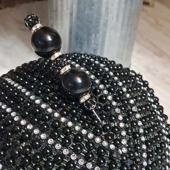 Black Beaded Fascinator Hat with Silver Details. - Picture 2 of 6